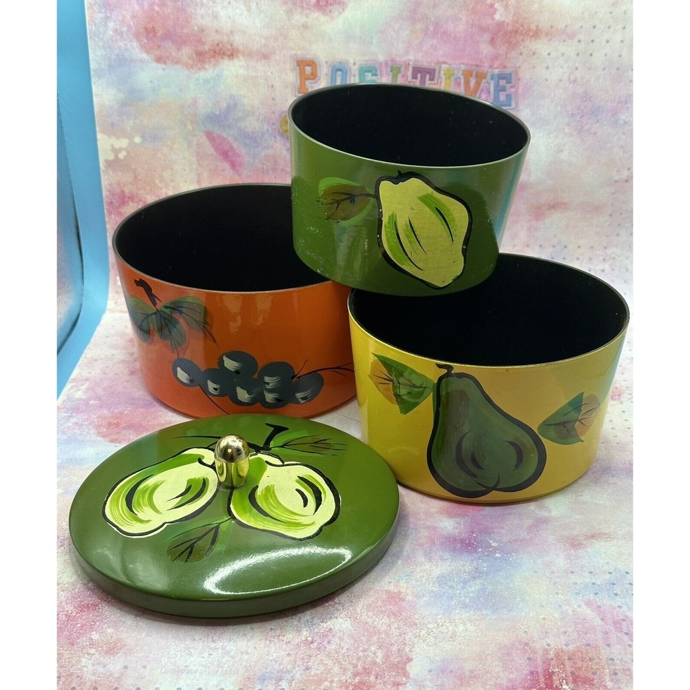 Retro Vintage Canister Set of 3 Made In Japan Green Fruit Grapes Pears Lemons